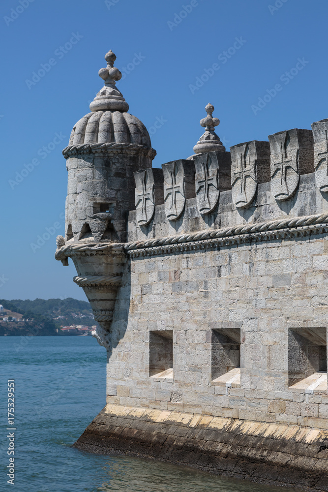 Detail of Belem Tower on the Tagus River in Lisbon, Portugal