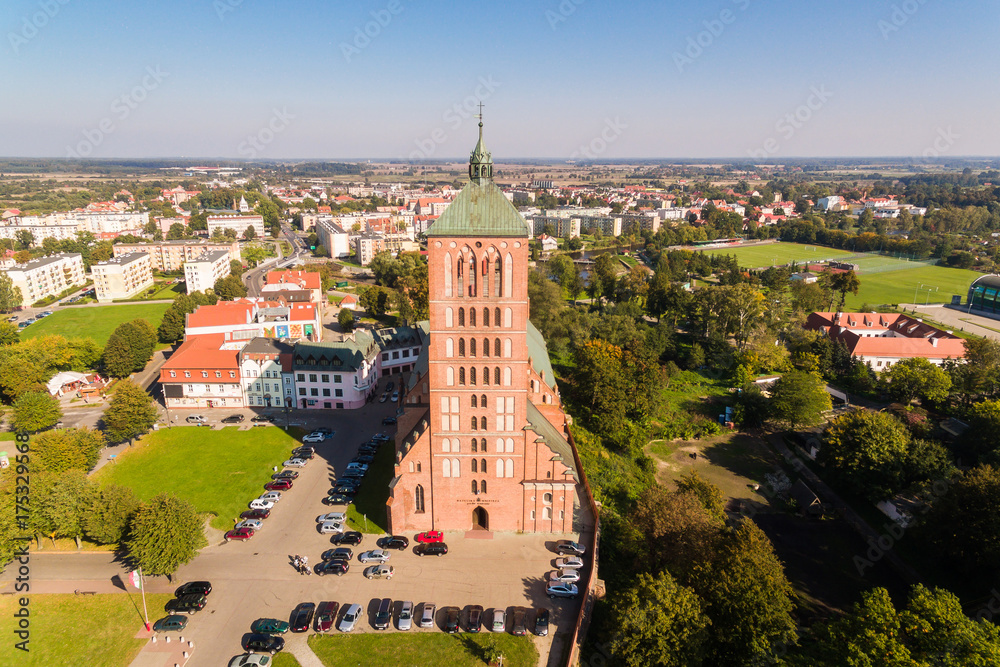 Aerial view of the Church of Saint Catherine of Alexandria in Braniewo, Poland