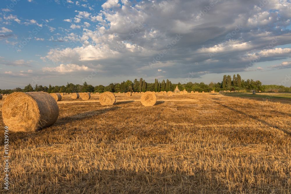 Beautiful Countryside Landscape: Golden  Hay Bales in Harvested Fields and Blue Sky with Clouds