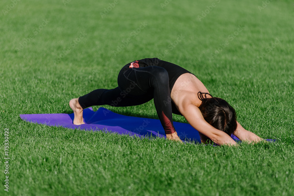 Fototapeta premium young woman doing yoga in the park in the morning in autumn.