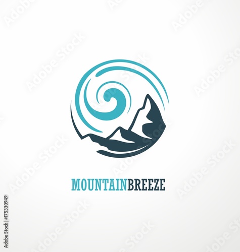 Mountain logo design idea with mountain shape and wind breeze drawing.