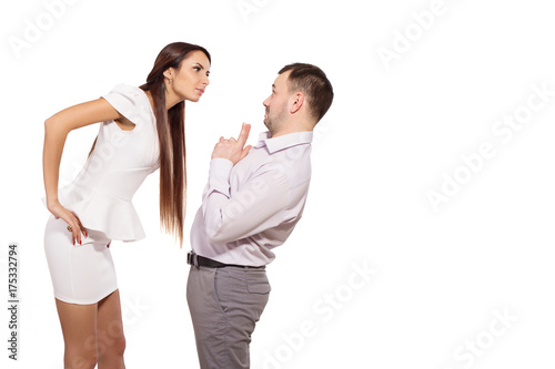 Woman dominates male. Female boss berates his subordinates. Interaction in the business team. Woman director and a man slave. Relationship between man and woman. Isolated white background.