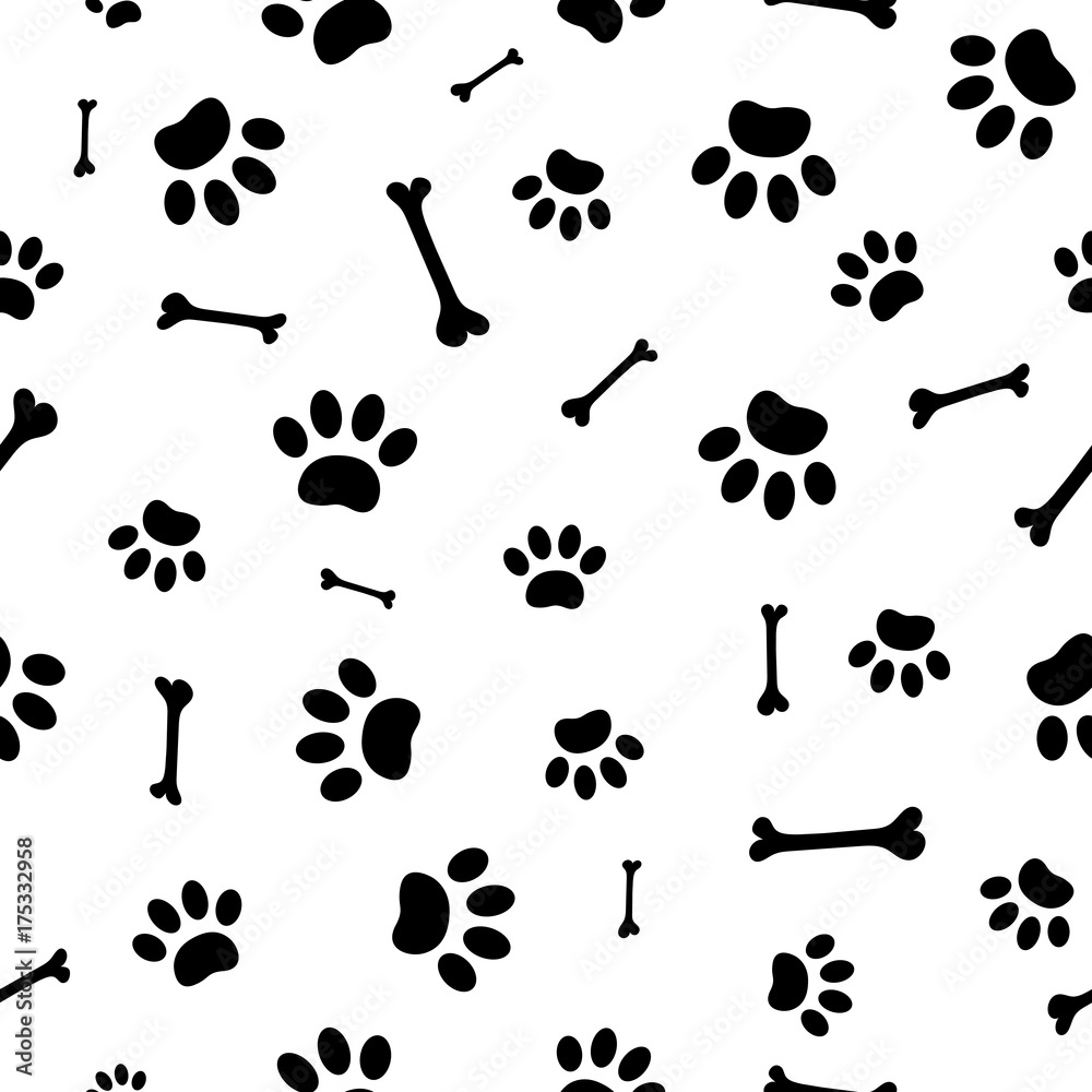 Fototapeta premium Seamless pattern of black paw prints dog and bones vector design.