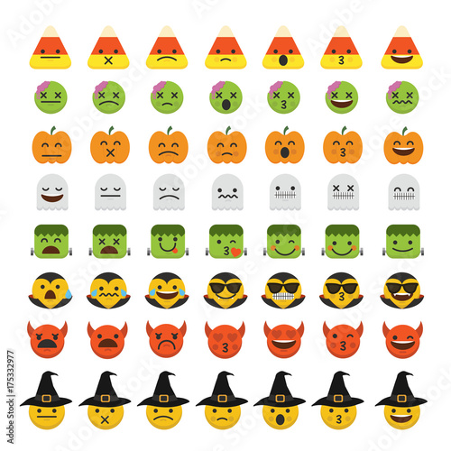 Set of emoji halloween emoticon character faces.  