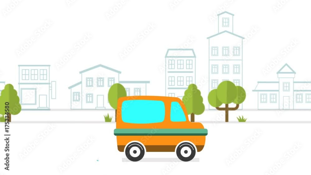 Car animation against the background of city.2D animation. Moving city background. Cartoon car Car animation against the background of city.2D animation. Moving city background. Cartoon car