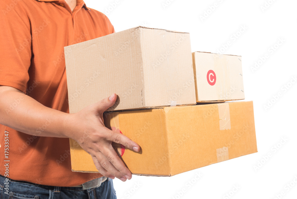 delivery man in brown uniform holding a package box isolated on white background delivery man in brown uniform holding a package box isolated on white background