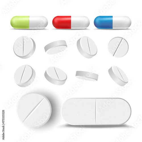 Capsule Pills And Drugs Set Vector. Pharmaceutical Drugs And Vitamin. Isolated On White Illustration