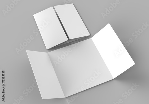 Square single open gate fold brochure, 3 panel and six pages leaflet. blank white 3d render illustration. photo