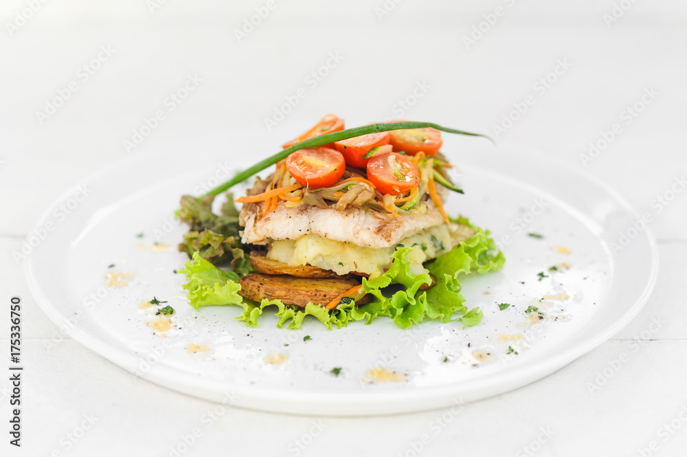 Grilled salmon steak on the mashed potato Grilled salmon steak on the mashed potato