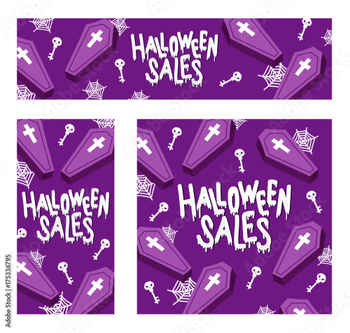 Happy Halloween Sales. The trend calligraphy. Vector illustration with coffin X cross with skull key and spiderweb