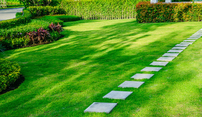 Acrylglasbilder Pistache Pathway in garden,green lawns with bricks pathways,garden landscape design  © singjai