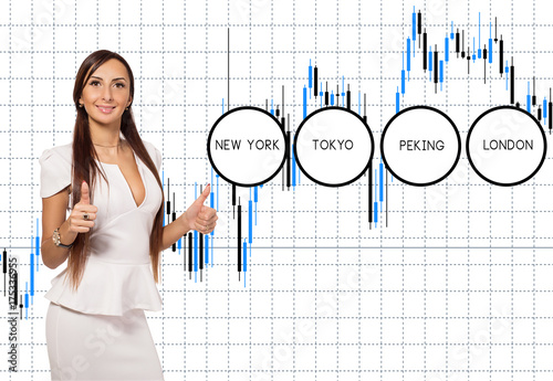 Business woman on the background of the financial schedule. Advertising concept for an insurance company or bank. Information picture for presentation of the financial market. Capital stock trades.