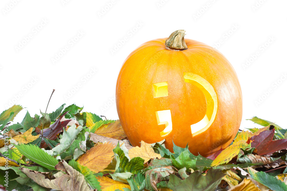 Pumpkin with wink smiley in autumn leaves isolated on white Pumpkin with wink smiley in autumn leaves isolated on white