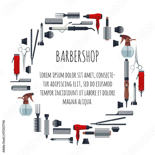 Set of hairdresser objects in flat style isolated on white background. Hair salon equipment and tools logo icons, hairdryer, comb, scissors, hairclipper, curling, hair straightener