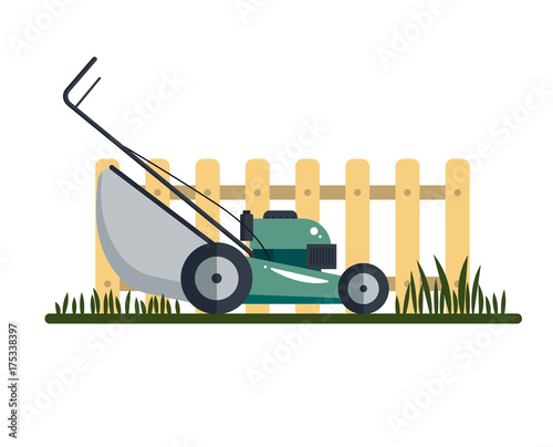 Lawn mower machine icon technology equipment tool, gardening grass-cutter with grass and fence isolated on white background - vector stock ilustration
