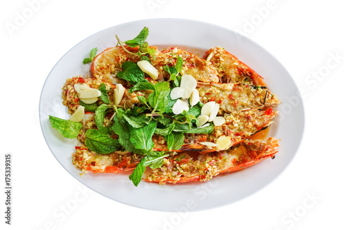 spicy grilled river shrimp ,Thai cuisine, isolated on white background with clipping path