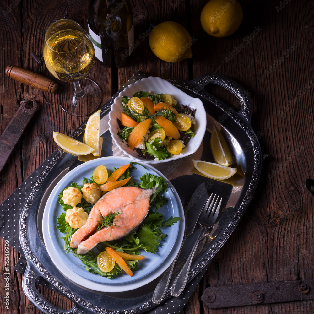 salmon with butter fried potato puree and salad salmon with butter fried potato puree and salad
