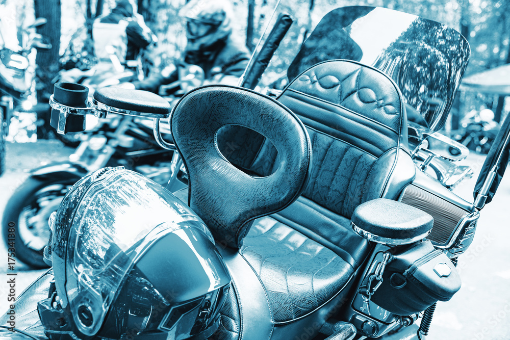 Naklejka premium Detail of the red leather luxury motorbike seat.