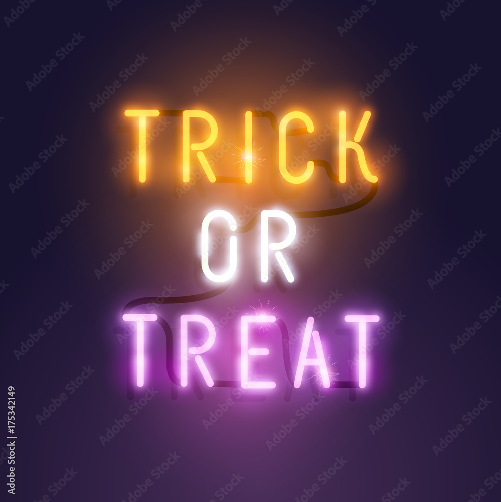 Bright Neon halloween decoration lettering - Trick or Treat sign. Vector illustration