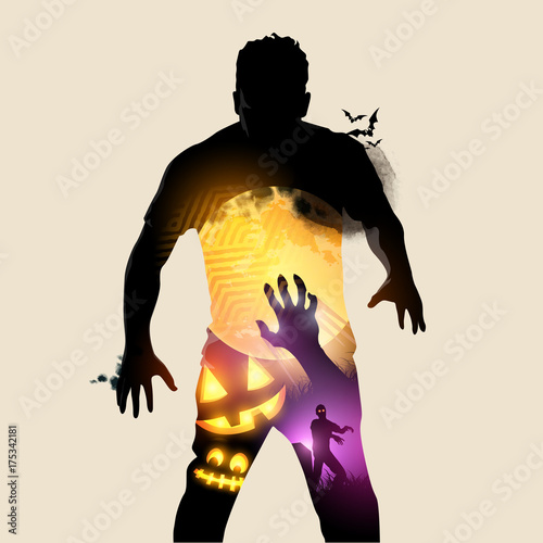A rising halloween zombie, double exposure effect vector illustration.