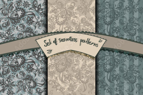 set of seamless patterns with flowery and bands  decor © everigenia