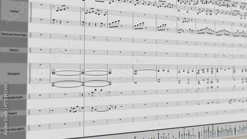 Playback screen of professional pro audio digital audio workstation displaying orchestral music notes of a song created in DAW studio
