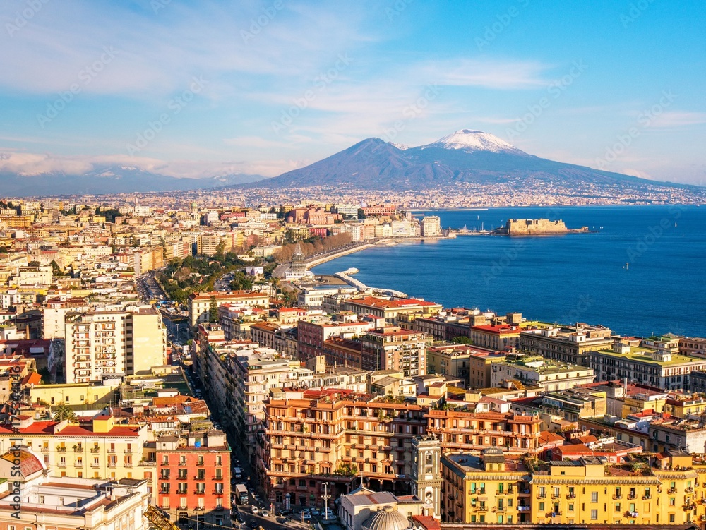 Aerial scenic view of Naples with Vesuvius volcano