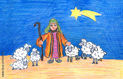 weihnachtliche Zeichnung - Hirte mit Schafherde und Komet