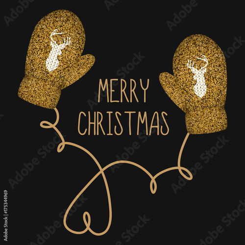 Golden knitted mittens with silhouette of head of reindeer, Merry Christmas and New Year concept. Vector illustration. photo