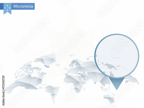 Abstract rounded World Map with pinned detailed Micronesia map.