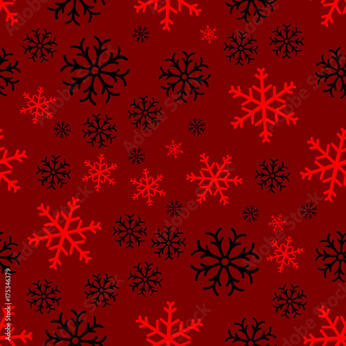 Snowflake simple seamless pattern. Abstract wallpaper, wrapping decoration. Symbol of winter, Merry Christmas holiday, Happy New Year celebration.Seamless pattern of snowflakes on a red background