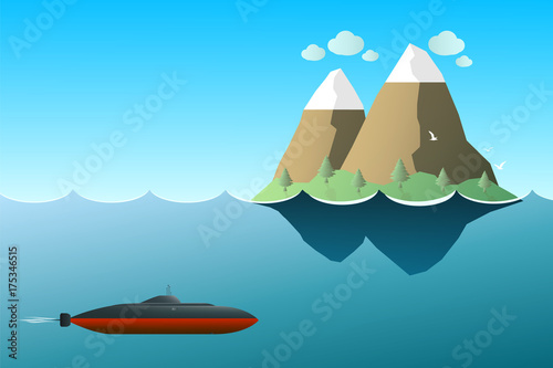 Cartoon submarine floats underwater near the island.  Cartoon dark submarine.