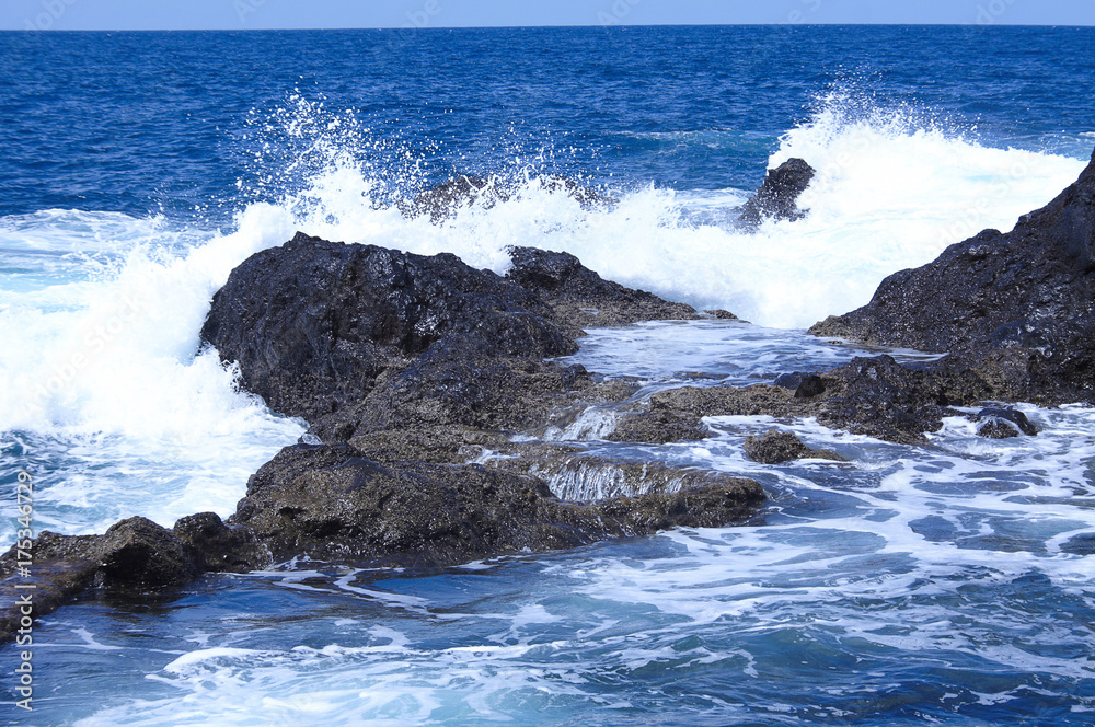 Sea landscape wave breaks about stones