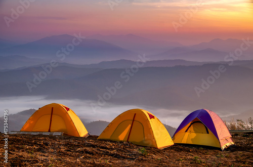 Tents on mountain  light in the morning.