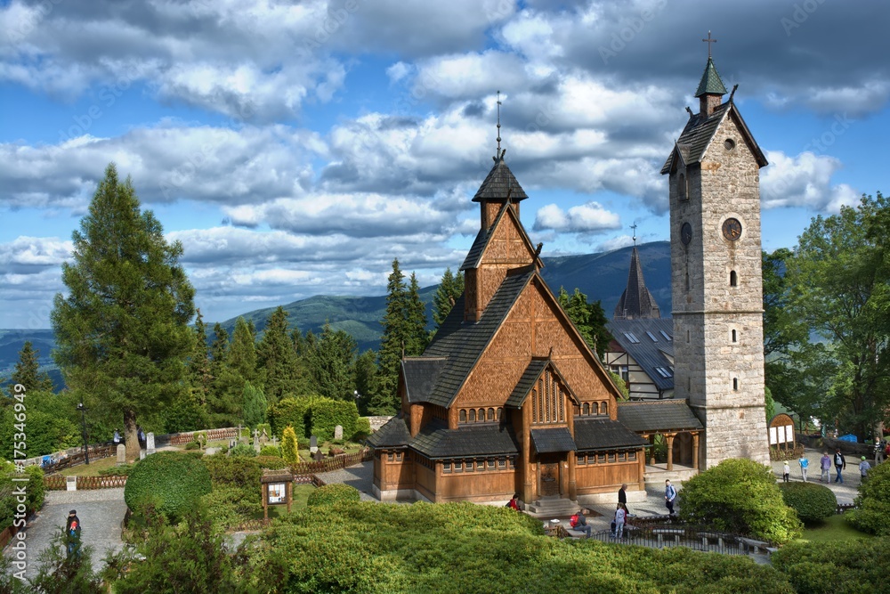 Medieval Norwegian stave church transferred from Vang in Norway and re-erected in 1842 in Karpacz, Poland