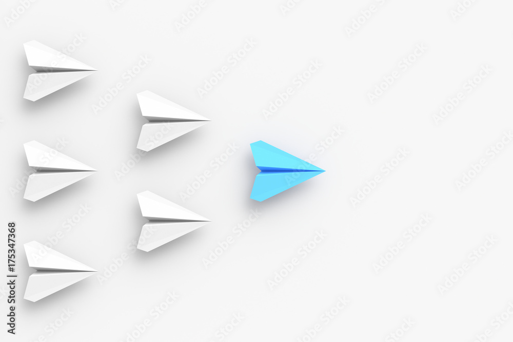 Leadership, success, and teamwork concept, blue leader plane leading whites. 3D Rendering. Leadership, success, and teamwork concept, blue leader plane leading whites. 3D Rendering.