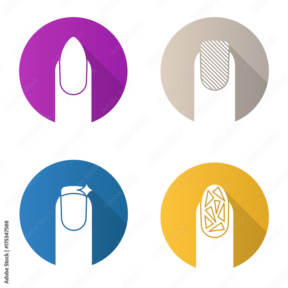 Manicure flat design long shadow glyph icons set Manicure flat design long shadow glyph icons set