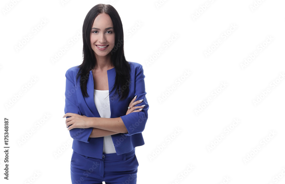 Modern business woman smiling and standing over a white backgrou Modern business woman smiling and standing over a white backgrou