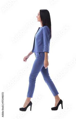 Full body length portrait businesswoman isolated over white stud