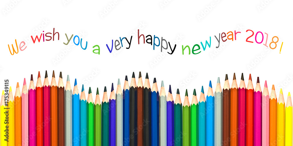 Fototapeta Kartkę z życzeniami szczęśliwego nowego roku 2018, kolorowe ołówki na białym tle