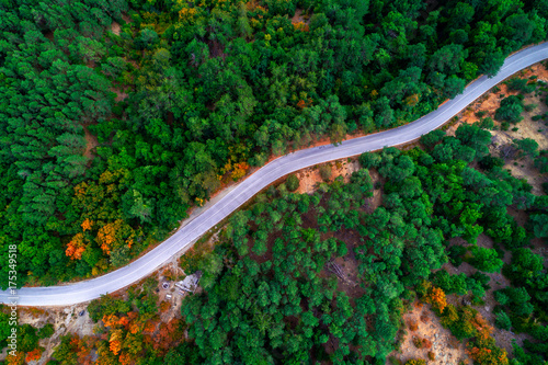 Aerial view of drone over mountain road going through forest landscape