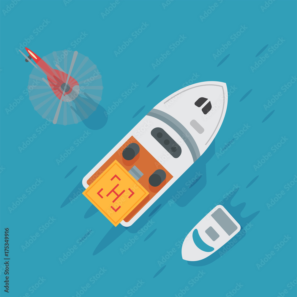 Fototapeta premium Helicopter pad landing water boat area platform vector top view illustration