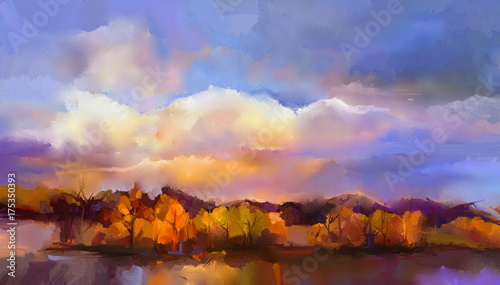 Abstract oil painting landscape. Colorful yellow, purple sky. Oil painting outdoor landscape on canvas. Semi- abstract tree, hill and field, meadow. Sunset, fall season landscape nature background 