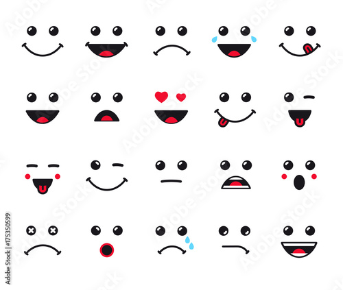 Cartoon faces expression line icons set. Set of emoticons or emoji illustration line icons. Smile icons line art isolated vector illustration on white background