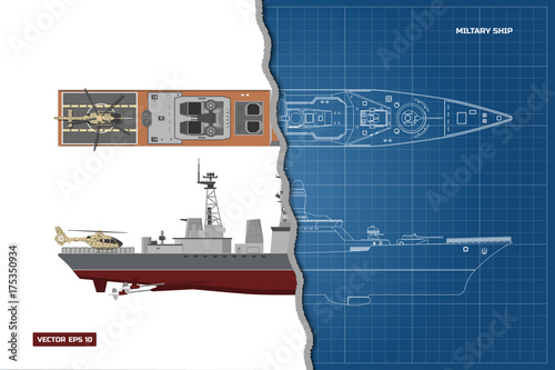 Blueprint of military ship. Top and side view. Container transport. Industrial drawing. Warship in outline style