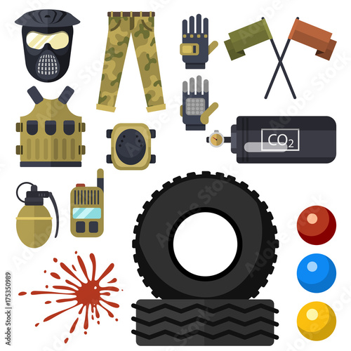 Paintball club symbols icons protection uniform and sport game design elements equipment target vector illustration