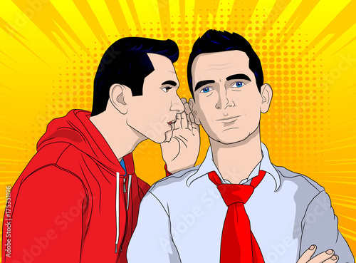 Business men gossiping. Vector pop art, retro comic book style illustration.
