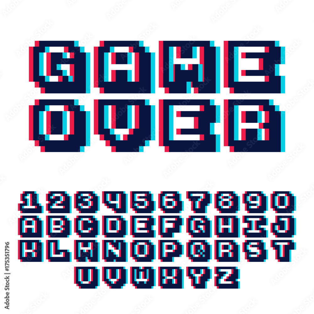 3d pixel video game 8 bit font. Poster typeface with shadow 3d effect. Set of retro style latin capital letters and numbers. Vector illustration font.