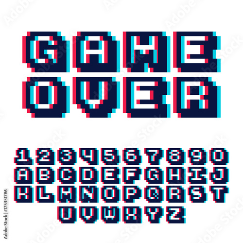 3d pixel video game 8 bit font. Poster typeface with shadow 3d effect. Set of retro style latin capital letters and numbers. Vector illustration font.