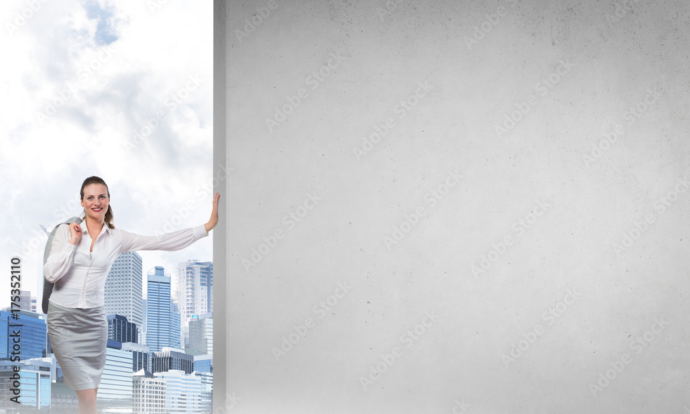 Fototapeta premium Woman and concrete empty banner